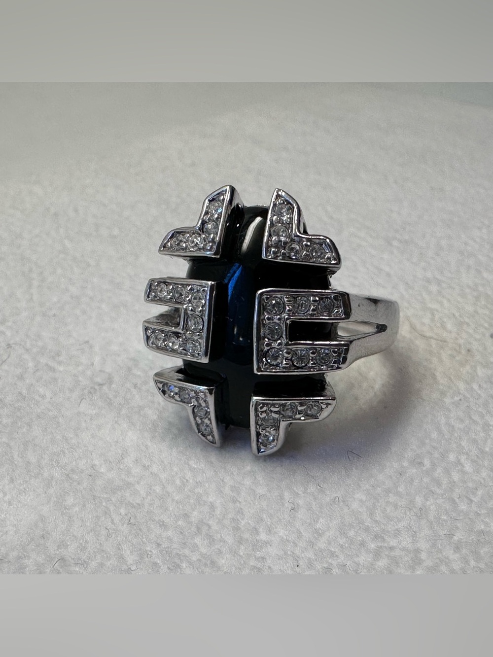 Vintage Nolan Miller Art Deco Black Cabochon CZ Cocktail Ring 7.25 Glam Punk
